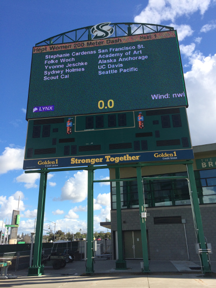 Sac State Scoreboard Before Hept 200m Heats, Day 1, Hornet Invitational, 2018